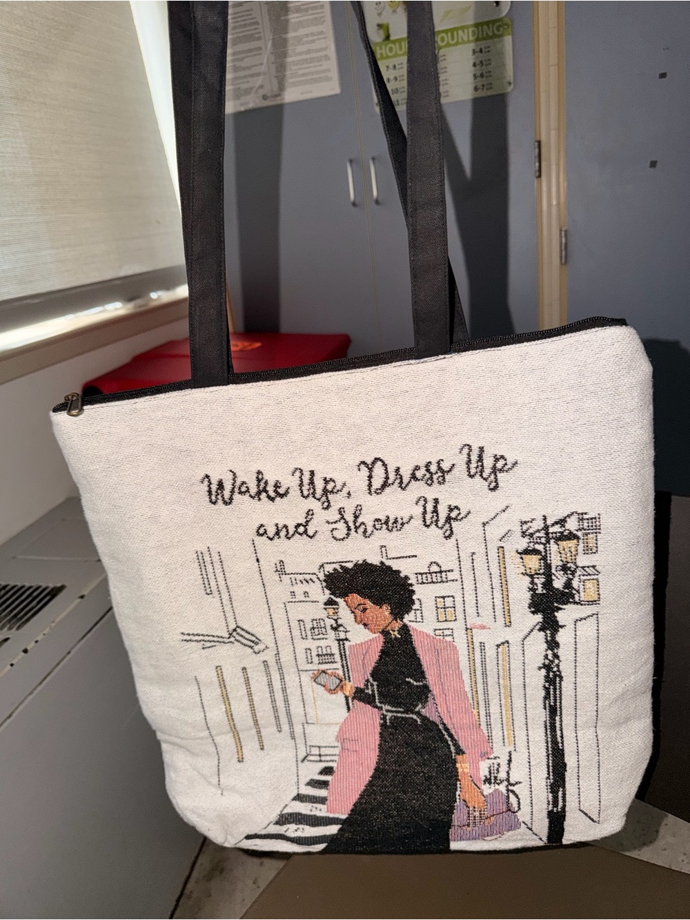 Canvas Tote Bag with Pink Illustration - Wake Up Dress Up and Show Up - Picture 3 of 8